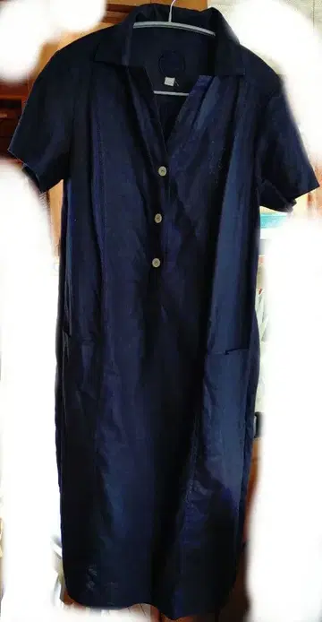 ZYGA 린넨 100% 네이비 반팔 원피스