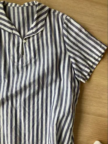 네스트로브 스트라이프 세일러 카라 블라우스 반팔 린넨 혼방