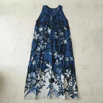 레어 새상품급 45R 인디고 염색 알로하 프린트 천축 롱 원피스 자수 0