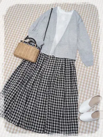 ubasoku 깅엄 체크 린넨 플레어 스커트 작가 tukuroi sm2