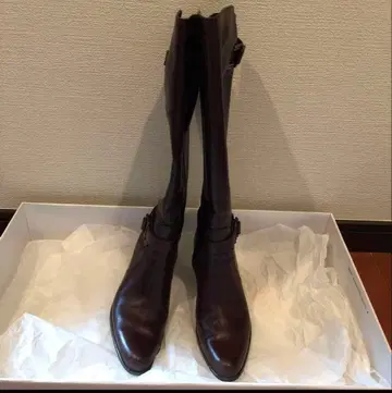 와인 레드 가죽 롱 부츠 중간 힐