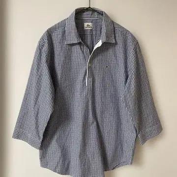 라코스테 깅엄 체크 셔츠 블루 7부 소매 악어 로고 코튼 사이즈 3