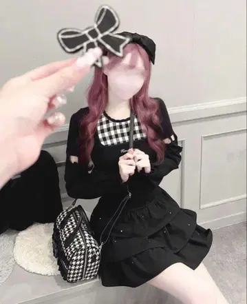 honey mew 허니 뮤우 암 리본 슬릿 깅엄 상의