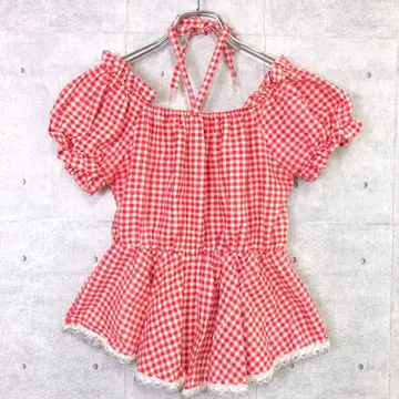 레트로 걸리시 갸루 홀터넥 페플럼 깅엄 체크 블라우스