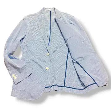 유니클로 블루 화이트 체크 깅엄 언라이닝 자켓 L 사이즈