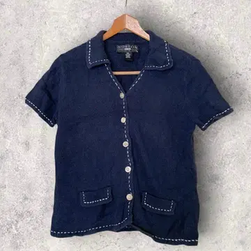 노튼 옷깃 반팔 니트 가디건 스티치 [S] 다크 네이비 린넨 면