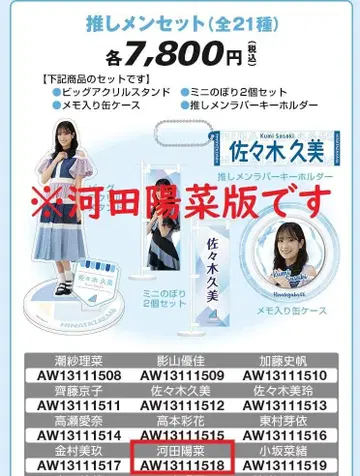 새상품 카와타 히나 최애 멤버 세트 로손 HMV 아크릴 스탠드