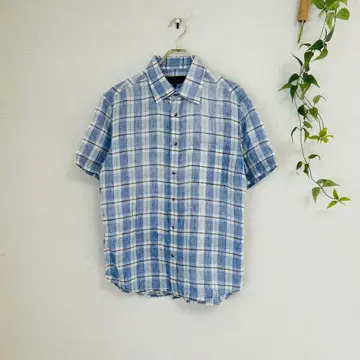 새상품급 JOSEPH ABBOUD 린넨 100% 체크 셔츠 반팔 블루 M