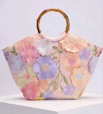 꽃무늬 자수 대나무 핸들 핸드백