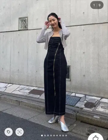 [ LAGUNAMOON ] 데님 비대칭 베어 원피스/BLK/M 사이즈