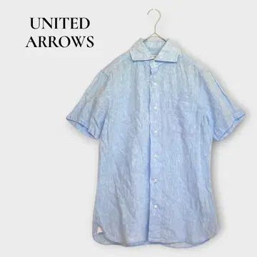 유나이티드 애로우즈 반팔 셔츠 슬림핏 린넨 100% 무지 스카이블루 S
