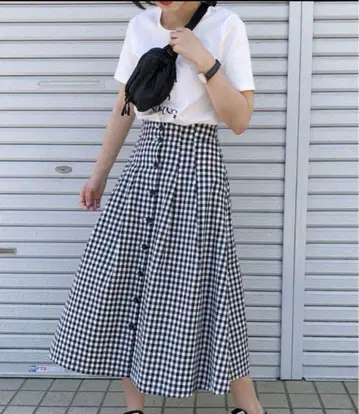 Spick & Span 프론트 버튼 깅엄 플레어 스커트 38