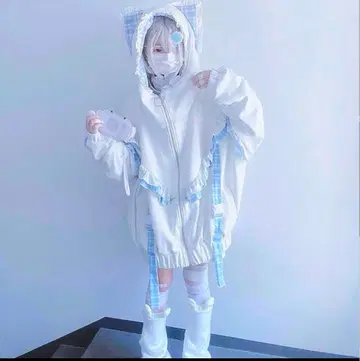 천사계 패션 서브컬처 계열 화이트 x 스카이블루 고양이 귀 후드티