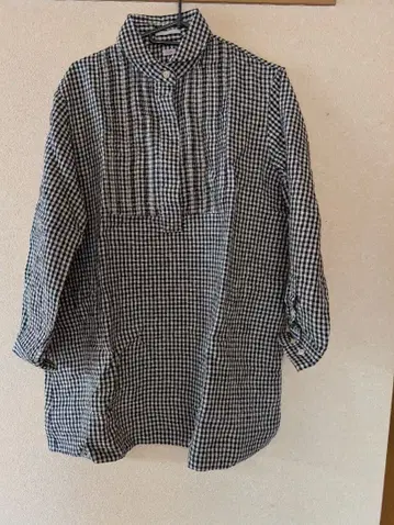 깅엄 체크 작은 옷깃 긴팔 핀턱 튜닉