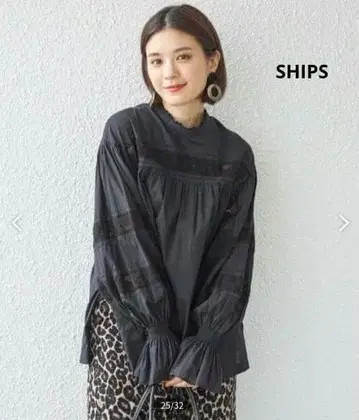 SHIPS 면 피코 레이스 디자인 블라우스 블랙 셔츠 레이스 자수