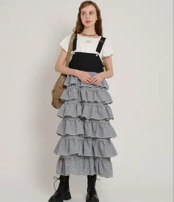 wcloset 프릴 티어드 오버롤 스커트 깅엄 체크