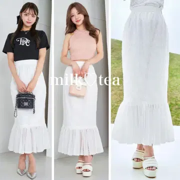 택 포함 새상품 다리치 레이스 콤비 플레어 롱 스커트 화이트
