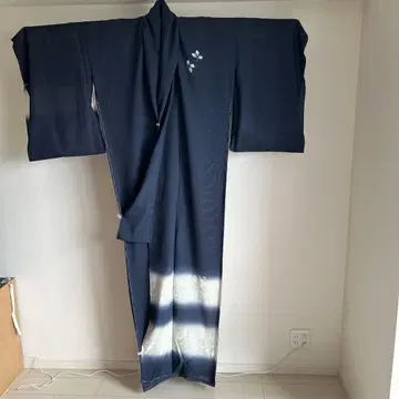 [가봉,가봉] 여름 순수 실크 명주 호몬기 네이비 곤&화이트 격자 꽃무늬