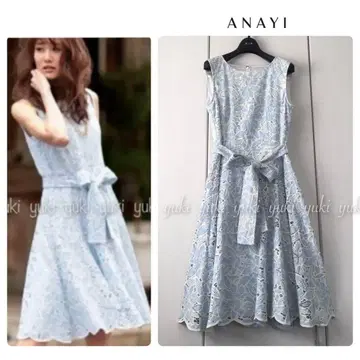 ANAYI 투톤 레이스 플레어 원피스 38 라이트 블루