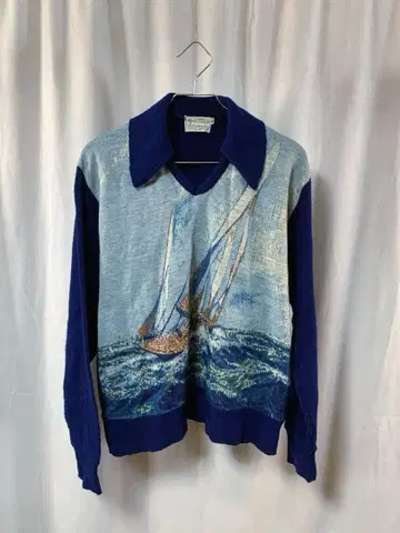 70s 80s 세일링 올 패턴 니트 카라 부착 빈티지