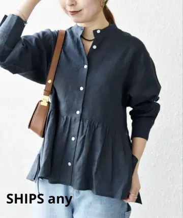 SHIPS any 린넨 믹스 리본 페플럼 밴드 카라 셔츠 2