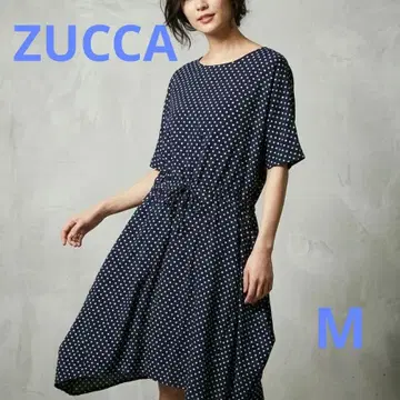 ZUCCA 주카 도트 무늬 원피스 네이비 M 네이비 5부 소매 빅 루즈