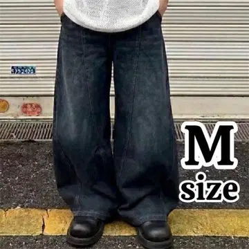 배기 데님 와이드 팬츠 스트릿 자수 아메카지 청바지 M Y2K