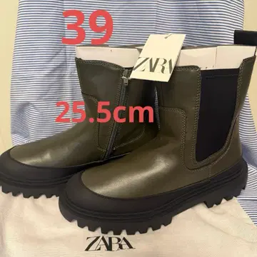 미사용 새상품 ZARA 부츠 사이드 고어 39 25.5cm 카키 통굽