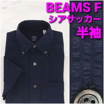 BEAMS F 반팔 시어서커 셔츠 XS~S 다크 네이비 무지 버튼 다운