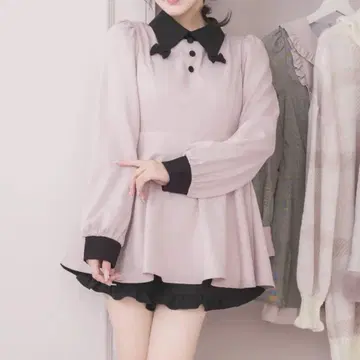 pium 리본 칼라 긴팔 셋업 핑크