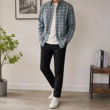 라코스테 남성용 봄/가을 긴팔 체크 셔츠 M 상당 블루 계열 와니 로고