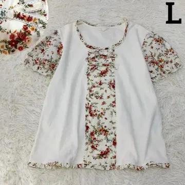 핑크하우스 피코 프릴 꽃무늬 리본 티셔츠 퍼프 슬리브 코튼 L
