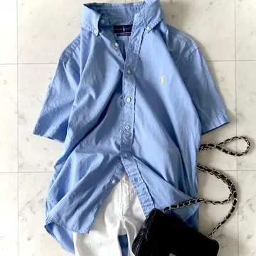 새상품급 랄프 로렌 코튼 하프 슬리브 셔츠 블루 포니 자수