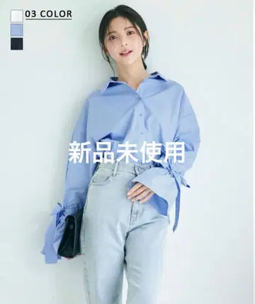 [ 미사용 새상품! ] 리본 캔디 슬리브 블라우스/블루