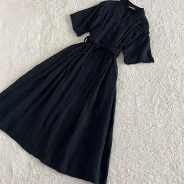 MOUSSY 마우지 면 린넨 혼방 핀턱 원피스 롱 기장 블랙