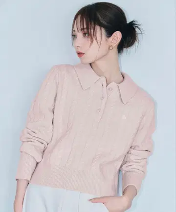 리랜드쳐 케이블 짜임 폴로 스웨터 M 옅은 핑크
