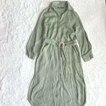 ZARA 린넨 린넨 100% 벨트 셔츠 원피스 긴팔 그린 계열 S