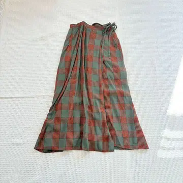 [세탁 가능] TICCA 랩스커트 체크 롱 카키 오렌지
