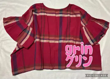 새상품급 grin 그린 코튼 린넨 도비 빅 체크 벨 슬리브 블라우스