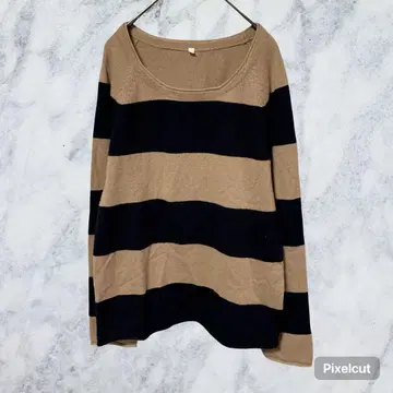 J384 무인양품 MUJI 캐시미어 보더 봄 니트 상의 L 브라운