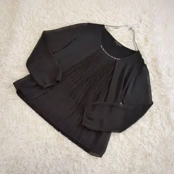 에스프리뮬 쉬폰 플리츠 소매 시스루 펄 넥 블라우스 블랙 M