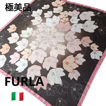 컨디션 최상 FURLA 훌라 대형 실크 스카프 플라워 꽃무늬 브라운 핑크