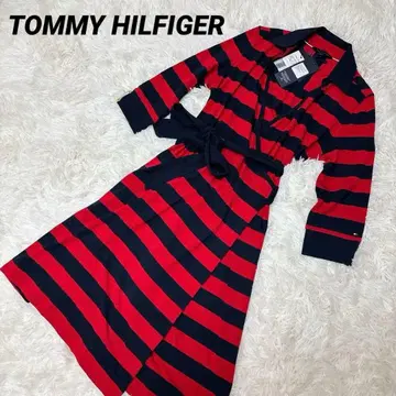 TOMMY HILFIGER 보더 무늬 긴팔 원피스 가운 빨간색 네이비 S