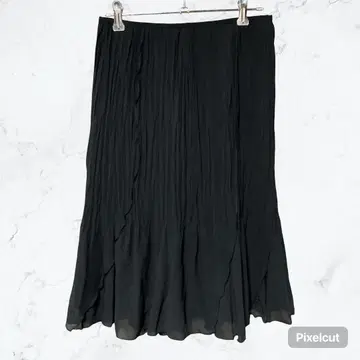J1051 플리츠 롱 스커트 블랙 쉬폰 포멀 M 구제 의류