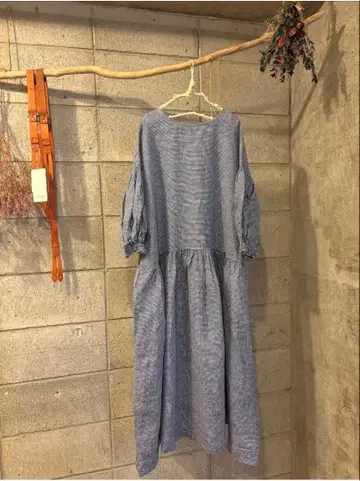 nest Robe 린넨 깅엄 벌룬 슬리브 원피스 네이비
