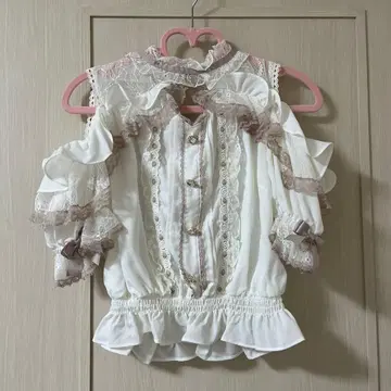 리즈리사 오프숄더 반팔 블라우스 화이트 핑크 리본 프릴