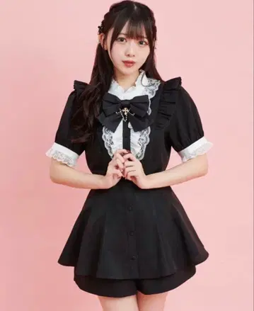 시크릿허니 반팔 액세서리 리본 레이스 프릴 셋업
