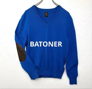 BATONER V넥 스웨터 파랑 팔꿈치 패치 포함
