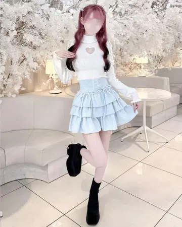 허니뮤우 HONEYMEW 트위드 티어드 프릴 스커트 블루