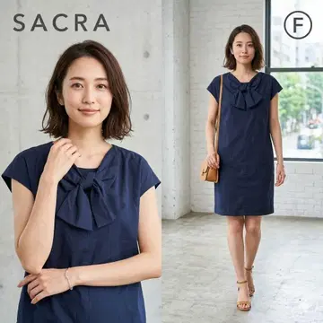 사쿠라 SACRA 백리본 원피스 네이비 일본제 코튼 새상품급